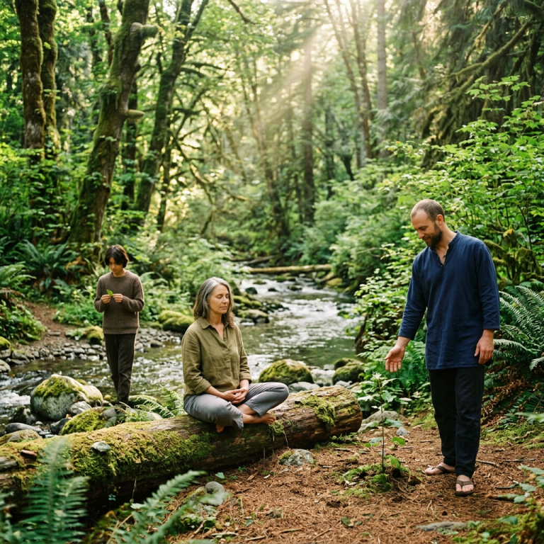 Lush green ecology with mindful human figures