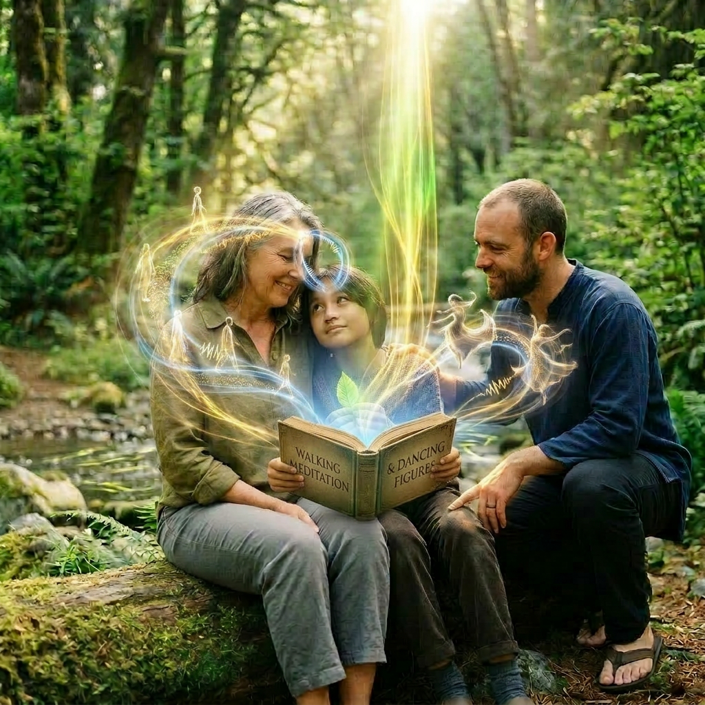 Remove mantra text; add walking meditation and dancing figures